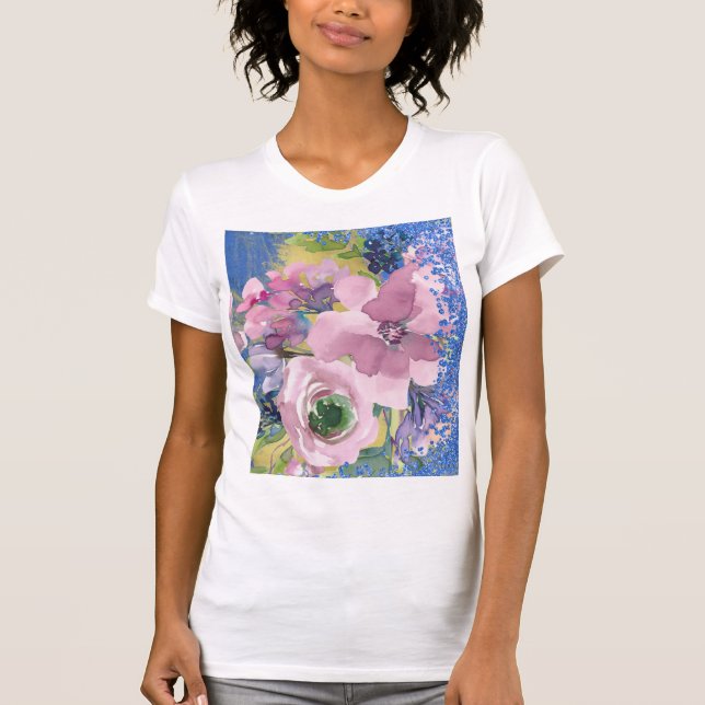 Camiseta Aguamarina Acuarela Floral Brillo en Blanco (Anverso)