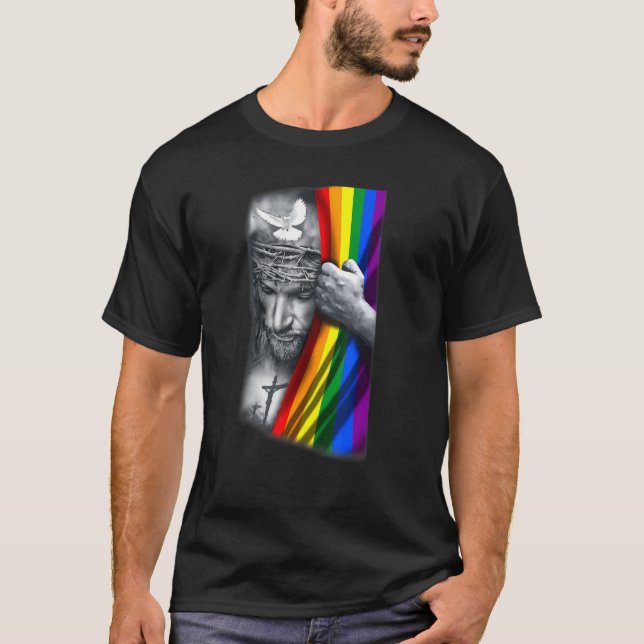 Camiseta Ah Hombres Jesús Orgullo Cristiano Bandera Arcoiri (Anverso)