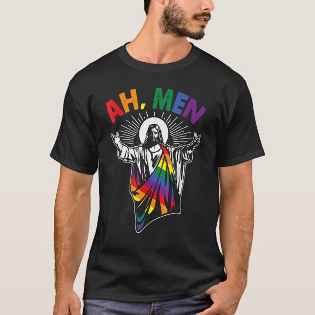 Camiseta Ah Hombres LGBT Orgullo gay Jesús Bandera Arcoiris (Anverso)
