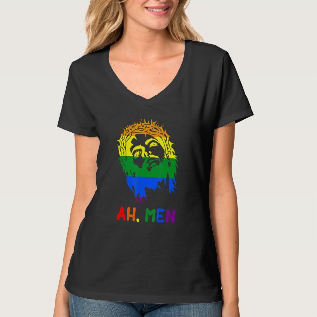 Camiseta Ah Men Arcoiris Bandera del Orgullo LGBTQ Gay Jesu (Anverso)