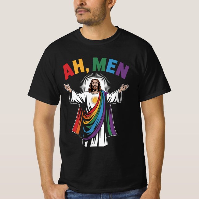 Camiseta Ah Men Funny Jesús Orgullo Gay LGBTQ Arcoiris (Anverso)
