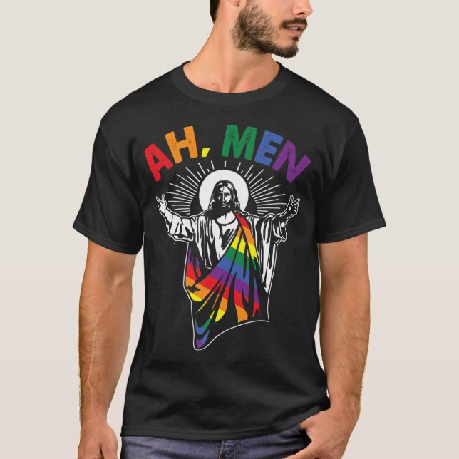 Camiseta Ah Men Funny Orgullo Gay LGBT Jesús Bandera Arcoir (Anverso)
