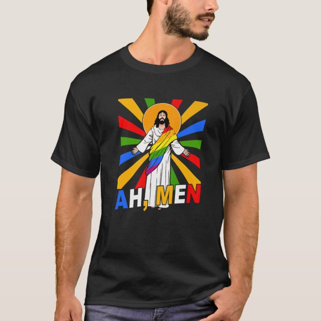 Camiseta Ah Men Funny Orgullo Gay LGBT Jesús Bandera Arcoir (Anverso)