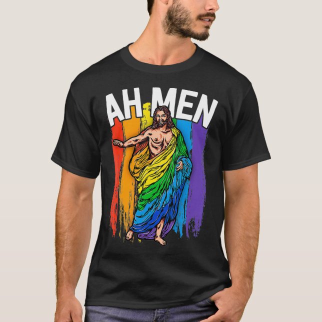 Camiseta Ah Men Gay Jesus  Funny LGBTQ s Gifts Rainbow  (Anverso)