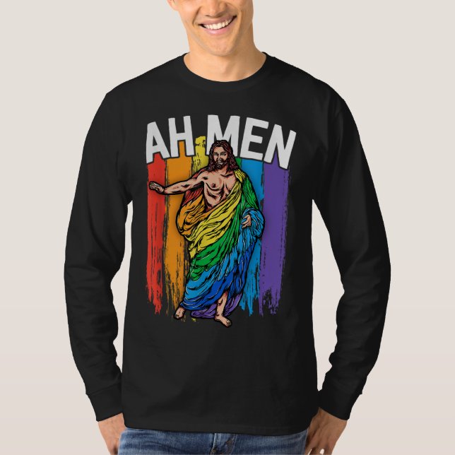 Camiseta Ah Men Gay Jesus Gracioso LGBTQ Regalos Arcoiris (Anverso)