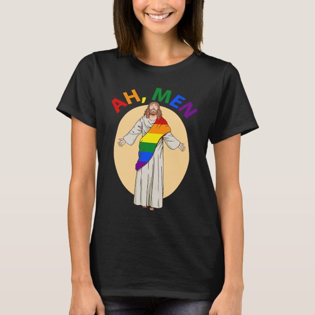 Camiseta Ah Men Gay Pride Jesus Rainbow  LGBT Flag Christia (Anverso)