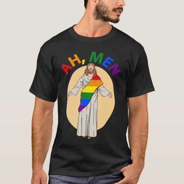 Camiseta Ah Men Gay Pride Jesus Rainbow  LGBT Flag Christia (Anverso)