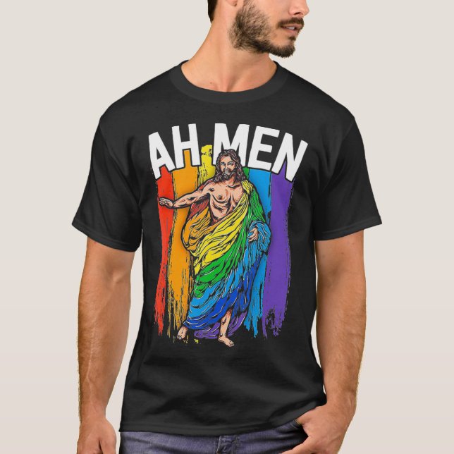 Camiseta Ah Men God Jesus Christian LGBTQ Lesbian Gay Pride (Anverso)