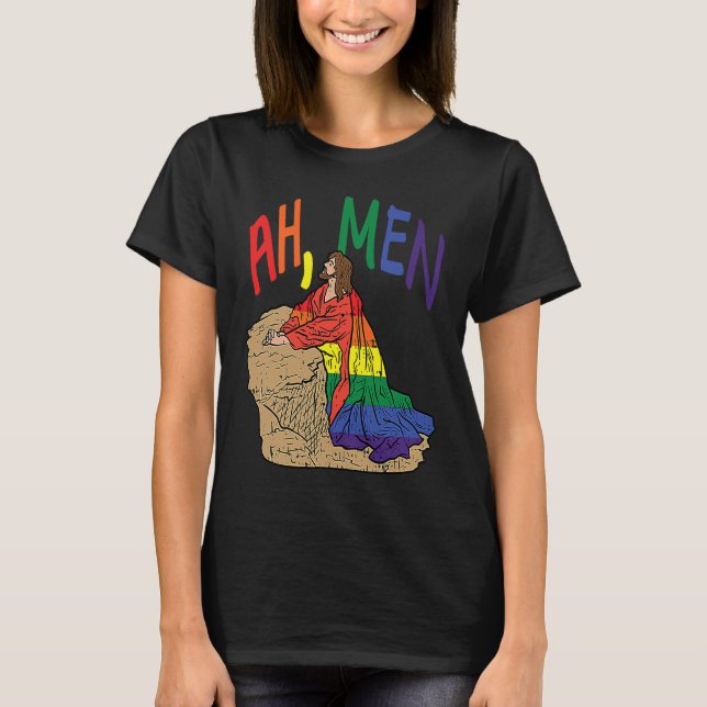 Camiseta Ah Men  LGBT Gay Pride Jesus Prayer Rainbow Flag (Anverso)