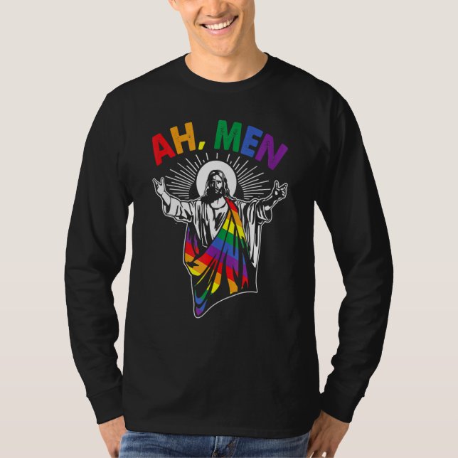 Camiseta Ah Men Lgbt Orgullo Gay Jesús Bandera Arcoiris Cri (Anverso)