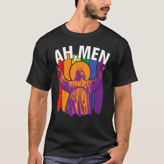 Camiseta Ah Men Lgbt Orgullo Gay Jesús Bandera Arcoiris Cri (Anverso)