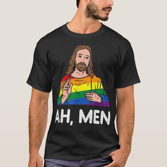 Camiseta Ah Men Rainbow Gay Jesus Christian LGBT Pride Flag (Anverso)