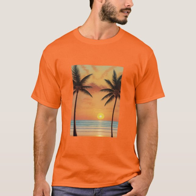 Camiseta AI Art Morning Sunrise Beach Palm Tree (Anverso)