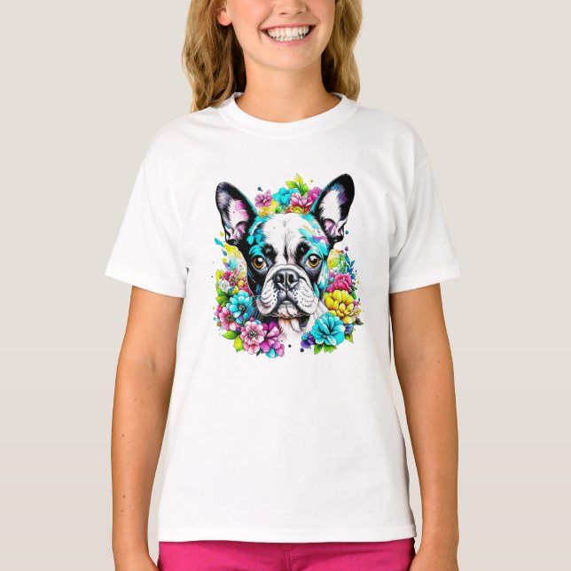 Camiseta Ai Boston Terrier rodeado de flores (Anverso)