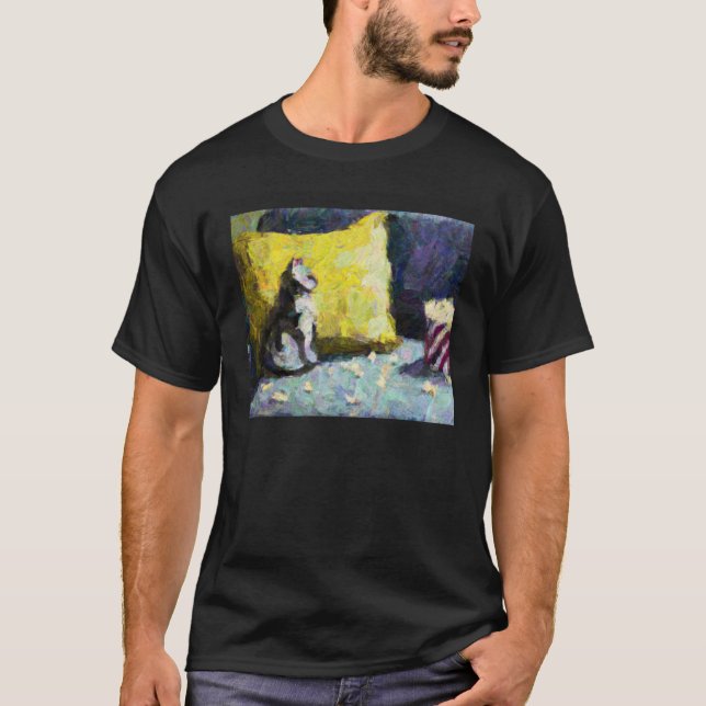 Camiseta AI Impressionist Cat Watching TV and Eating Popcor (Anverso)