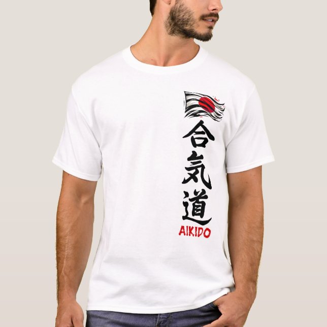 Camiseta Aikido Kanji con bandera japonesa (Anverso)