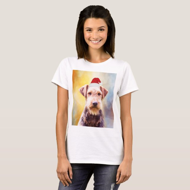 Camiseta Airedale Dog Navidades Retrato de arte de Santa Ha (Anverso completo)