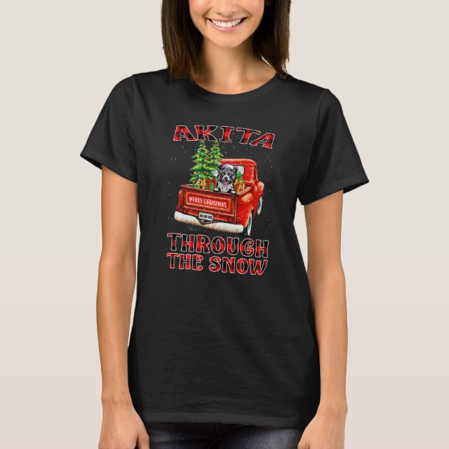 Camiseta Akita Through The Snow Christmas Dog Truck Plaid R (Anverso)