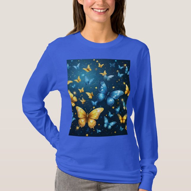Camiseta Alas de alegría: Mariposas voladoras azules y amar (Anverso)