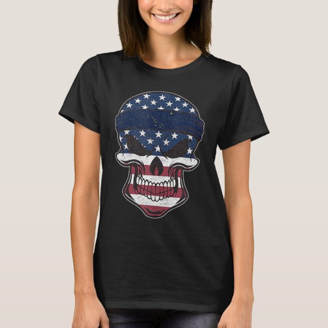 Camiseta Alaska American Flag Skull  State Flag Alaska Root (Anverso)