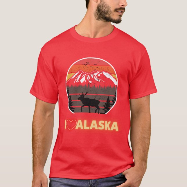 Camiseta Alaska Usa I Love Alaska Mountains Neon Retro Suns (Anverso)