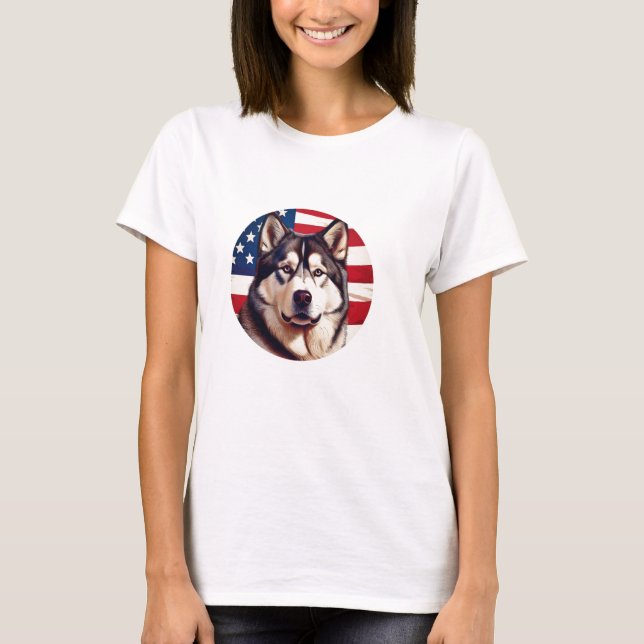 Camiseta Alaskan Malamute Con Antecedentes De Bandera Ameri (Anverso)
