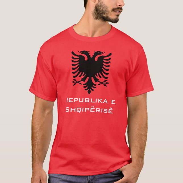 Camiseta Albanés negro Eagle en fondo rojo (Anverso)
