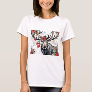 Camiseta Alce de Navidad con grandes cuernos y poinsettias