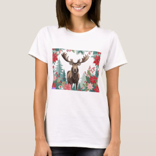 Camiseta Alce De Navidad Y Poinsettias