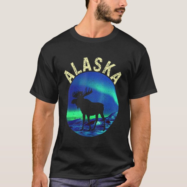 Camiseta Alce retro alaskeño con aurora boreal Alaska Da (Anverso)