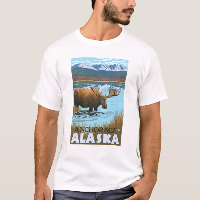 Camiseta Alces que beben en el lago - Anchorage, Alaska (Anverso)