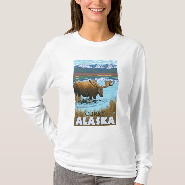 Camiseta Alces que beben en el lago - curry, Alaska (Anverso)