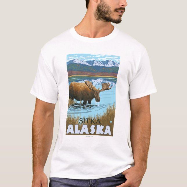 Camiseta Alces que beben en el lago - Sitka, Alaska (Anverso)