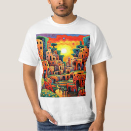 Camiseta aldea de adobe junto al arroyo
