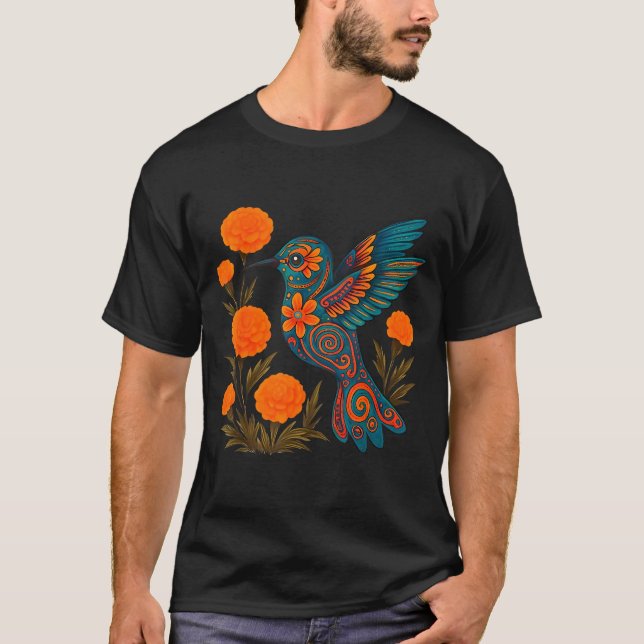 Camiseta Alebrije Hummingbird Flower Mexican Folk Art Bird  (Anverso)