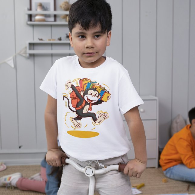 Camiseta Alegre mochila y diversión de Personalizado de Mon (Cheerful Monkey School Cartoon Backpack & Book Fun)