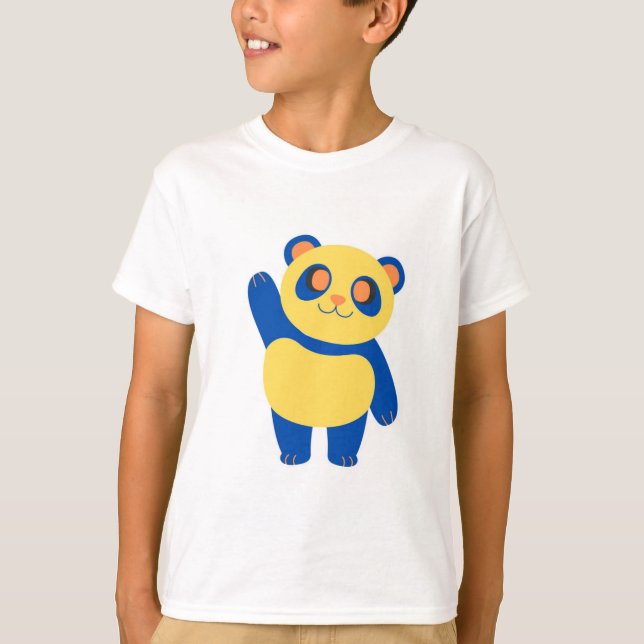 Camiseta Alegre panda azul y amarillo saludando (Anverso)