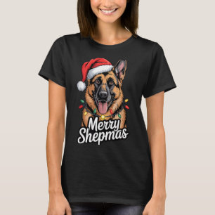 Camiseta Alegre Shepmas Pastor Alemán Luces de Navidad Tara