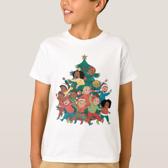 Camiseta Alegría navideña: Un árbol festivo de amigos (Anverso)