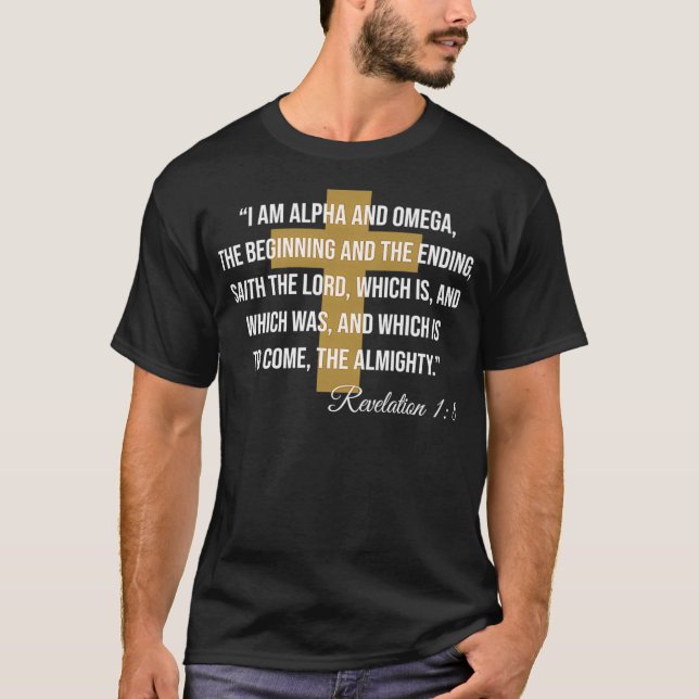 Camiseta Alfa Omega Revelación 18 Biblia Verse Cr Cristiano (Anverso)