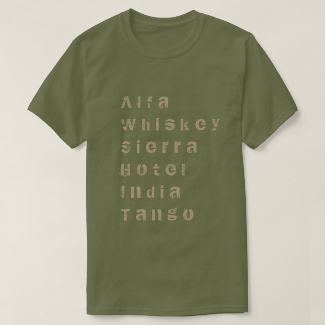 Camiseta Alfa, whisky, Sierra, hotel, la India, tango (Diseño del anverso)