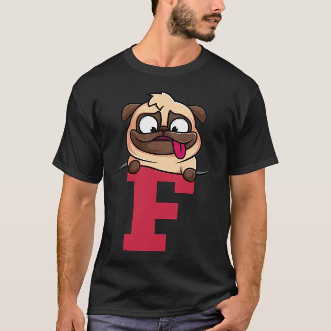 Camiseta Alfabeto de pug cutáneo, letra f, alfabeto de perr (Anverso)