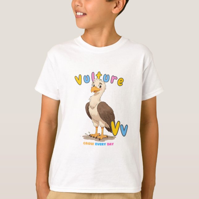Camiseta alfabeto “V es para buitre” – Crece cada  (Anverso)