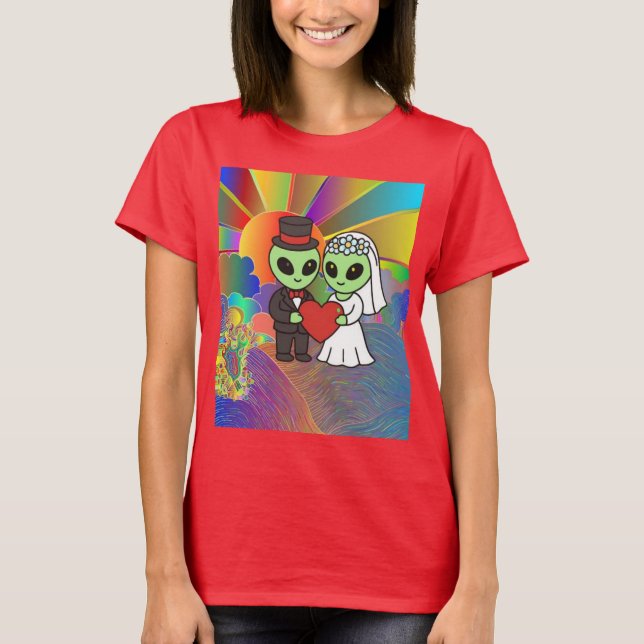 Camiseta Alien Bride and Groom Retro Neon Galactic Wedding  (Anverso)