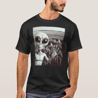 Camiseta Alien Cat Funny Black and White Selfie UFO Peace S