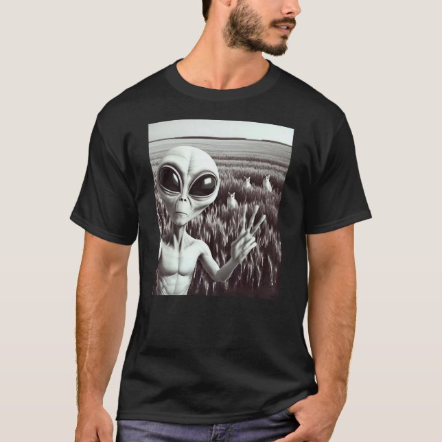 Camiseta Alien Cat Funny Black and White Selfie UFO Peace S (Anverso)