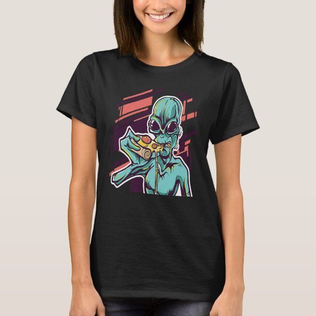 Camiseta Alien Eating Pizza Modern UFO Martian (Anverso)