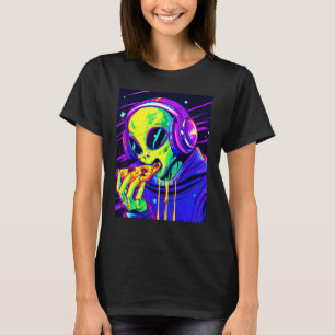 Camiseta Alien Eating Pizza Synthwave Style Retro Extraterr