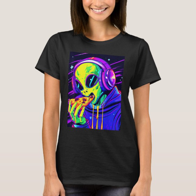 Camiseta Alien Eating Pizza Synthwave Style Retro Extraterr (Anverso)