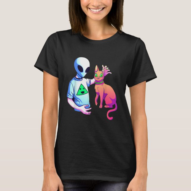 Camiseta Alien Petting A Cat Alien Ufo  Cat Kids Men Women (Anverso)